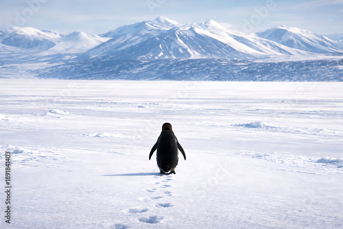 Solitary Penguin’s Journey: An image of a lone penguin navigates across a snowy expanse toward majestic, snow-capped mountains. A captivating story of endurance and exploration.