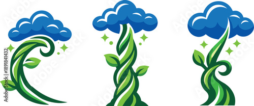 Two-Color vector icons of magic beanstalk reaching clouds: spiraling vine arc, layered cloud puffs, soft leaf dots, upward stem