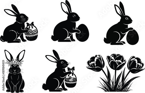 Easter sunday celebration silhouette rabbits and eggs on easter sunday morning