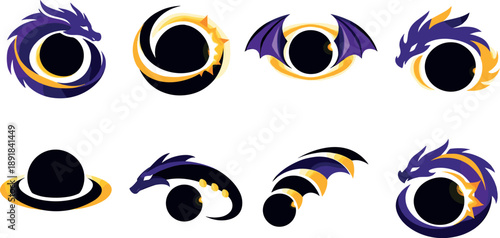 Two-Color vector icons of whimsical eclipse beast: dreamy dragon curl, airy eclipse loop, floating wing arc, soft crest mark;