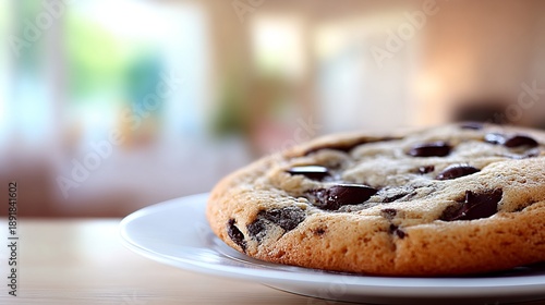 Close-up of a delicious chocolate chip cookie on a white plate with a blurred background