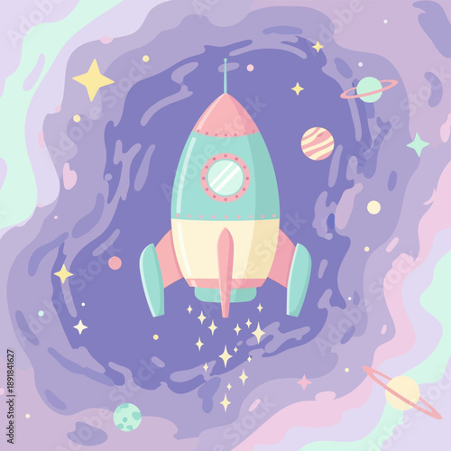 Colorful Rocket Ship Blasting Off.