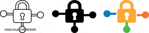 IoT Security Icons. Securing networks illustrated by a padlock integrated with signal nodes conveying protected communication