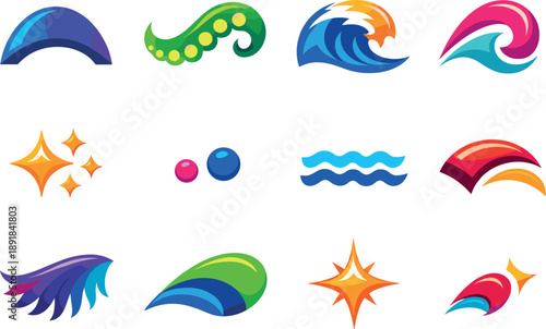 Two-Color vector icons of soft aquatic shapes: bell arc, tentacle wave, glow crest, contour curl, dot shine, tiny speck, ripple