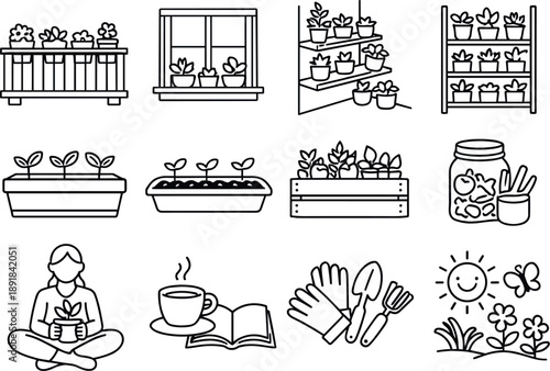 Minimalist Gardening Icons. Line style vector icons of home gardening pastime: balcony, window, shelf, corner; planter, box, tray,