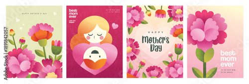 Set of Mother's day greeting cards with beautiful blossom flowers.


