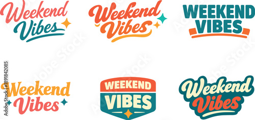Clean modern holiday banner illustration Weekend Vibes premium lettering logo set showcasing six logo-ready typographic designs