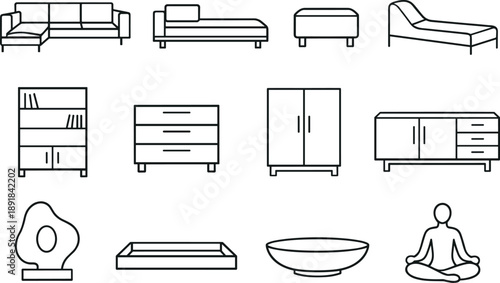 Minimal Home Icons. Line style of contemporary minimal home icons: sectional, daybed, ottoman, chaise; bookcase, drawer, wardrobe,