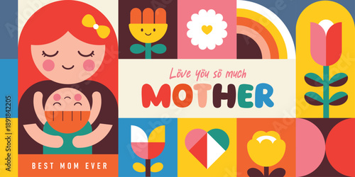 Happy Mother's Day flat vector illustration in geometry style. Mom with child, flowers and abstract geometric shapes.

