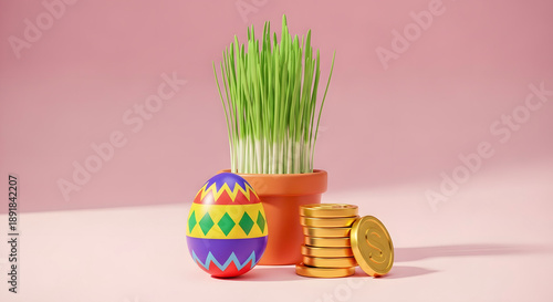 Colorful Nowruz egg with geometric patterns, pot of green sprouts, and coins  