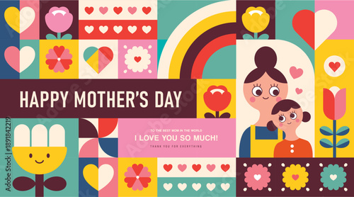 Happy Mother's Day flat vector illustration in geometry style. Mom with child, flowers and abstract geometric shapes.

