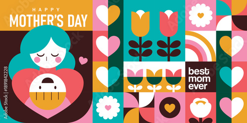 Happy Mother's Day flat vector illustration in geometry style. Mom with child, flowers and abstract geometric shapes.

