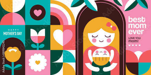 Happy Mother's Day flat vector illustration in geometry style. Mom with child, flowers and abstract geometric shapes.

