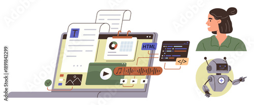 Digital learning, AI assistance, programming tools, software design, online content creation, workflow automation. Laptop displaying multimedia, code and AI icons with a person and robot. Digital