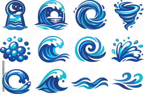 Two-Color vector icons of imaginative watery portal: dreamy sea keyhole, fantasy-tide arc, swirling crest gate, airy water swirl;
