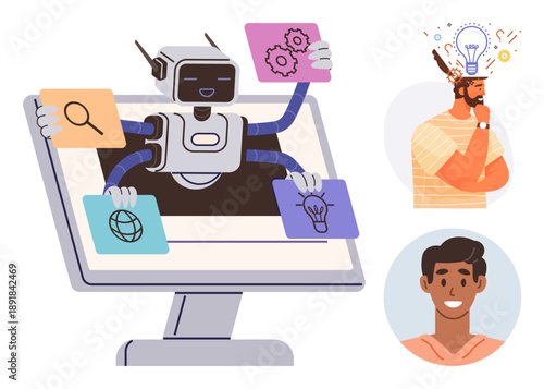 Artificial intelligence, innovation, brainstorming, education, digital assistance, human creativity. Robot managing icons on a screen, people brainstorming ideas with lightbulbs. Artificial