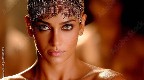 Portrait of a Person with Dramatic Eye Makeup and Beaded Headpiece in Warm Lighting