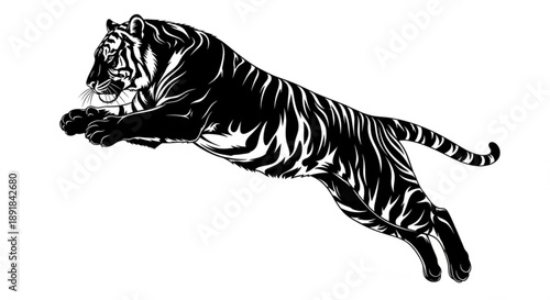 A black and white illustration of a tiger jumping with motion and energy