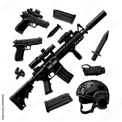 Collection of black tactical gear and weapons including guns and accessories