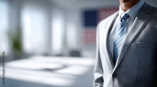 Business professional in a modern office with a subtle American flag background