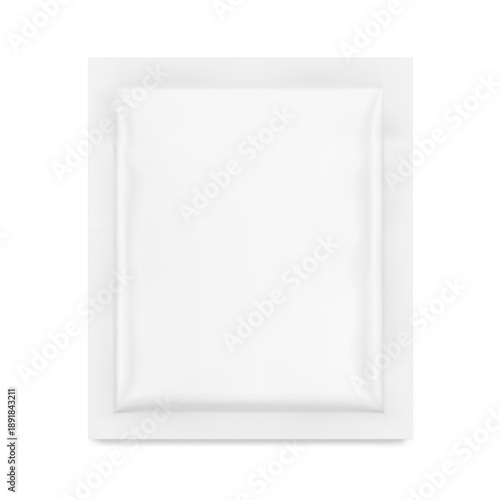 Four side seal sachet bag with tear notch mockup. Front view. Vector illustration isolated on white background. Can be use for template your design, presentation, promo, ad. EPS10.