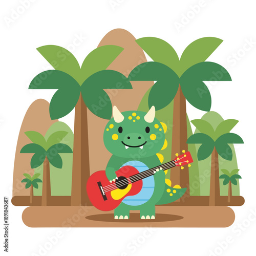 Smiling green dinosaur with guitar.