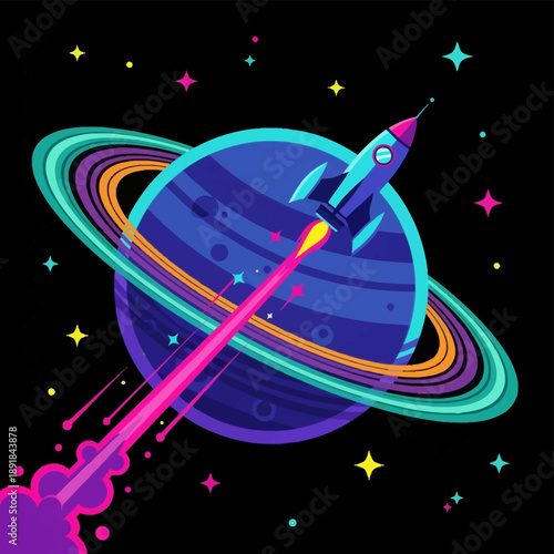 Space Rocket Blasting Off Planet.