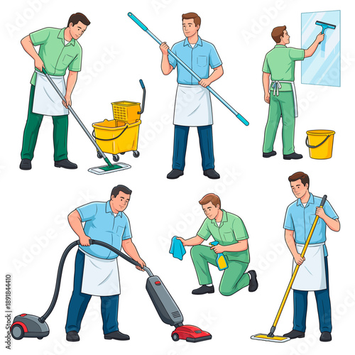 Illustration of a cleaner cleaning different surfaces with cleaning equipment