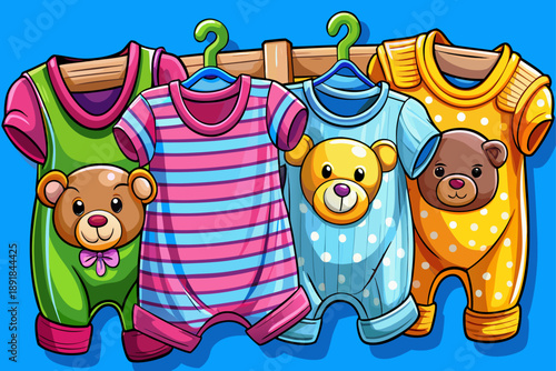 Classic baby clothes including bodysuits comfy romper and soft teddy bear hanging on wooden rail pastel newborn garments against serene blue background stylish infant essentials