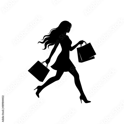Silhouette of a woman running with shopping bags, embodying the excitement of shopping