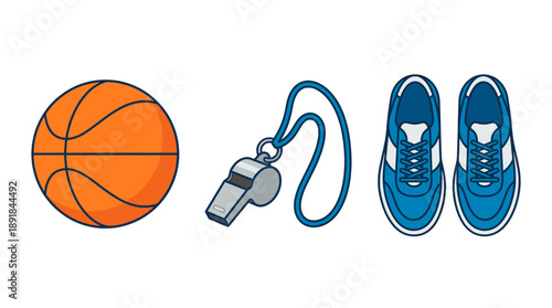Basketball and Sports Equipment Set. Includes a basketball, whistle and sports shoes.
