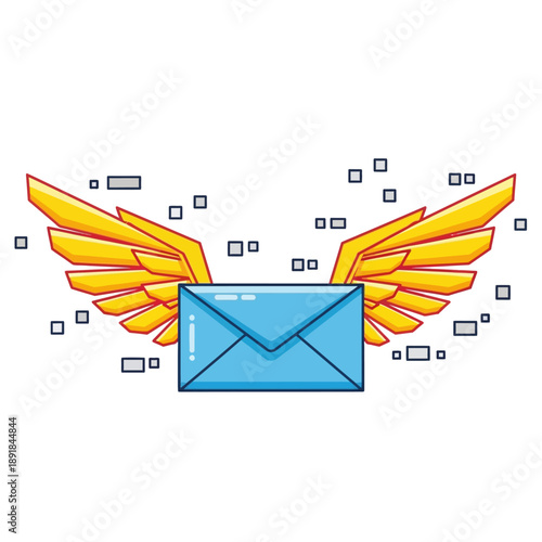 Wings on blue email envelope icon.