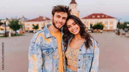 Wallpaper Mural Smiling young couple in matching denim outfits posing outdoors in an urban setting during a sunny day Torontodigital.ca