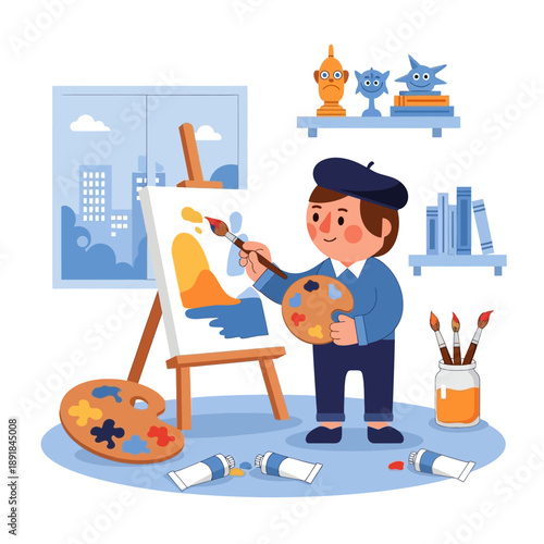 Young Boy Painting on Canvas Board.