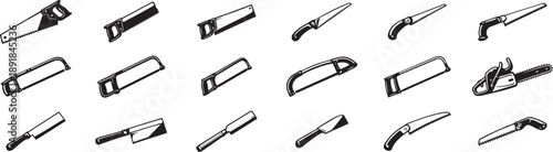 Saw Icon Set – Black Hand Saw and Chainsaw Tool Illustrations in Vintage Style