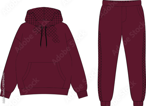 Hoodie, sweatpants, diamond, grid, maroon, fashion, sketch, front, back, silhouette, posture, gesture, setup, vector, black, pose, flavector, minimal, garment, technical, cad drawing flat vector