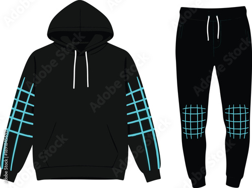 Hoodie, sweatpants, grid, black, blue, fashion, sketch, front, back, silhouette, posture, gesture, setup, vector, pose, flavector, minimal, garment, technical, flat, cad drawing flat vector