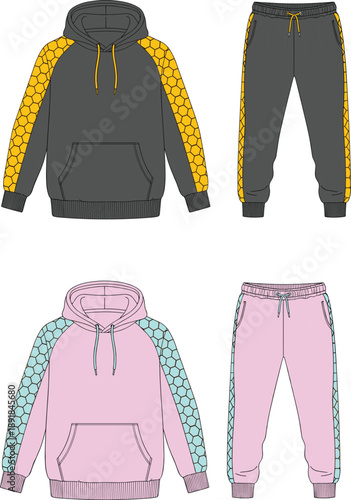 Hoodie, sweatpants, honeycomb, fashion, sketch, front, back, silhouette, posture, gesture, setup, vector, black, pose, flavector, minimal, garment, technical, flat, cad drawing flat vector