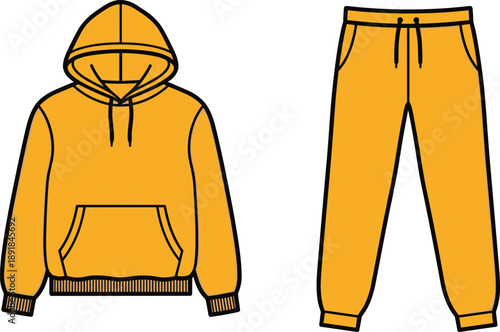 Hoodie, sweatpants, orange, outline, fashion, sketch, front, back, silhouette, posture, gesture, setup, vector, black, pose, flavector, minimal, garment, technical, flat, cad drawing flat vector