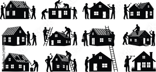House, construction, roofing, silhouette, posture, gesture, hammer, ladder, toolbox, hardhat, setup, repair, build, technician, labor, structure, platform, vector, black, pose, flavector