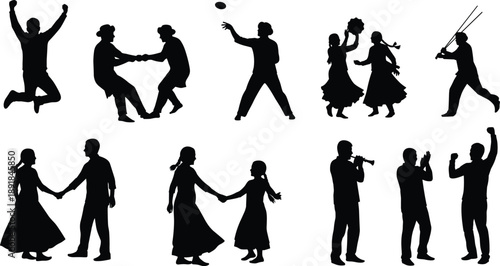 Human, activity, silhouette, posture, gesture, jump, dance, play, clap, hold, celebrate, music, couple, child, social, expressive, setup, vector, black, pose, flavector
