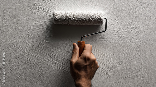 Hand holding paint roller against textured white wall, home renovation and interior decoration project in progress