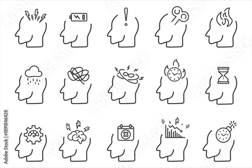 Minimal line icons set showing mental states, stress, burnout and productivity issues. Human head symbols with emotional and cognitive concepts.