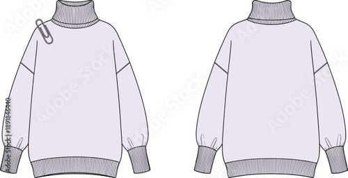 Lilac turtleneck sweater technical flat sketch, front and back view, oversized knit jumper with paperclip detail, drop shoulder, ribbed cuffs and hem, vector 