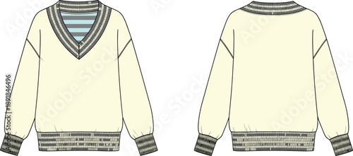Long sleeve pullover sweater, V-neck layered design, ribbed knit cuffs and hem, fashion technical sketch, apparel illustration, cad drawing flat vector