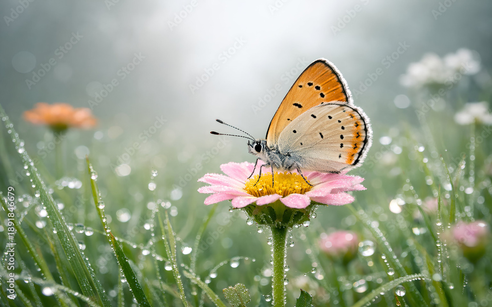 Obraz premium A butterfly with orange and black wings rests on a white daisy in a dewy meadow. The background is misty, with soft pink and green tones, creating a serene atmosphere.