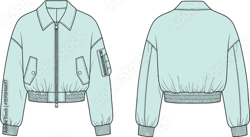 Mint green bomber jacket technical flat sketch, front and back view, zip-up flight coat with collar, sleeve pocket, elastic hem, apparel design template, cad drawing flat vector.