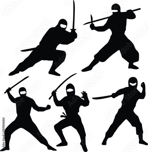 Ninja silhouette vector set, sword poses, martial arts action, black icons, flavector, combat stance, warrior design, traditional weapon, stealth fighter, dynamic movement, white background