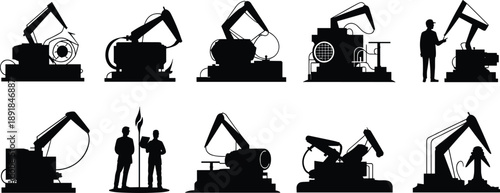 Oil, pump, silhouette, jack, posture, worker, flame, extraction, refinery, vector, black, pose, setup, machinery, equipment, field, petroleum, industry, rig, flavector