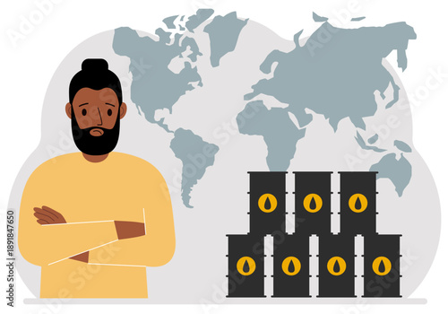 A man next to oil barrels. A world map is in the background. Flat vector illustration.